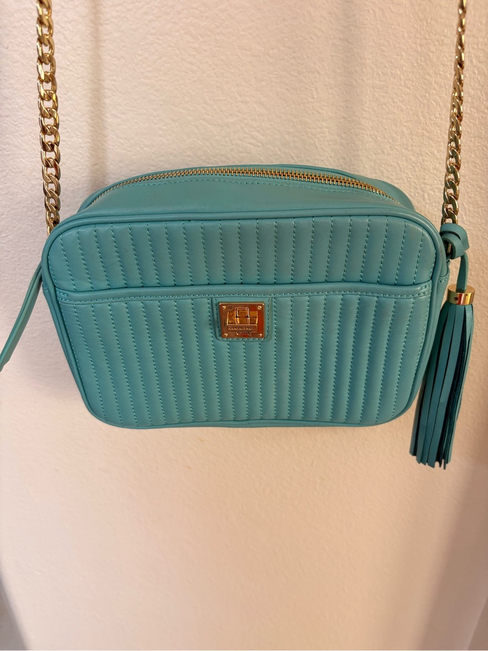 Isaac Mizrahi Quilted Leather Crossbody Bag Turquoise Excellent Condition